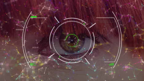 round scanner and network of connections against close up of female eye