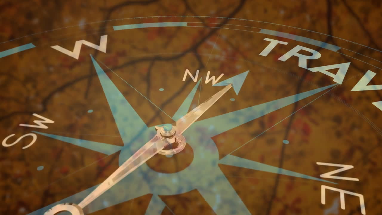 Compass pointing northwest with TRAVEL text animation over vintage map background