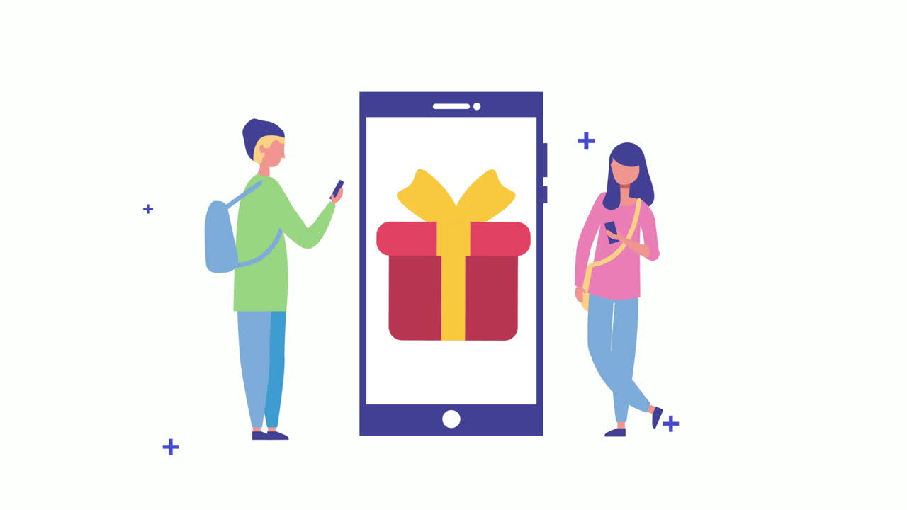 young couple using smartphone with gift