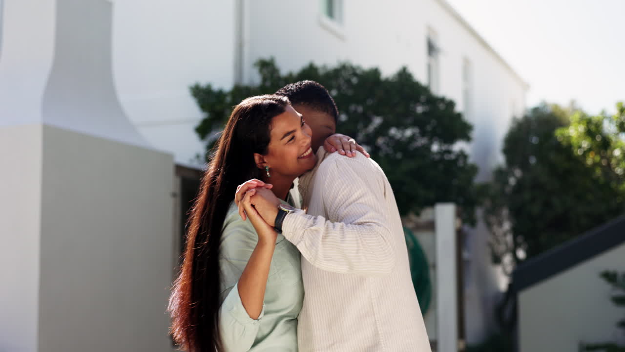 Smile, couple and dance in backyard for love