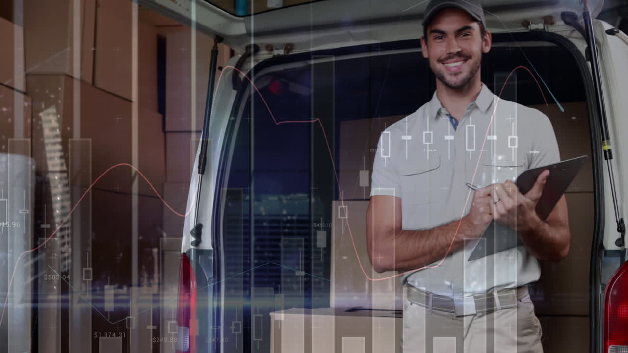 animación del procesamiento de estadísticas sobre el repartidor con cartón y cajas de cartón