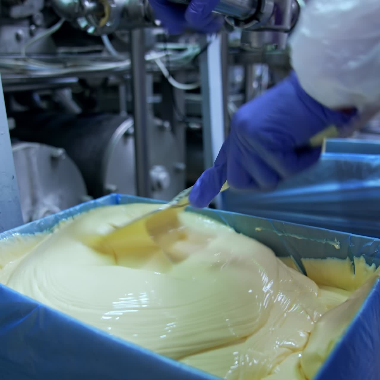 Making butter on a dairy factory. Industrial equipment at milk factory. Worker on a dairy production plant. Fresh smooth butter pouring from pipe into a box