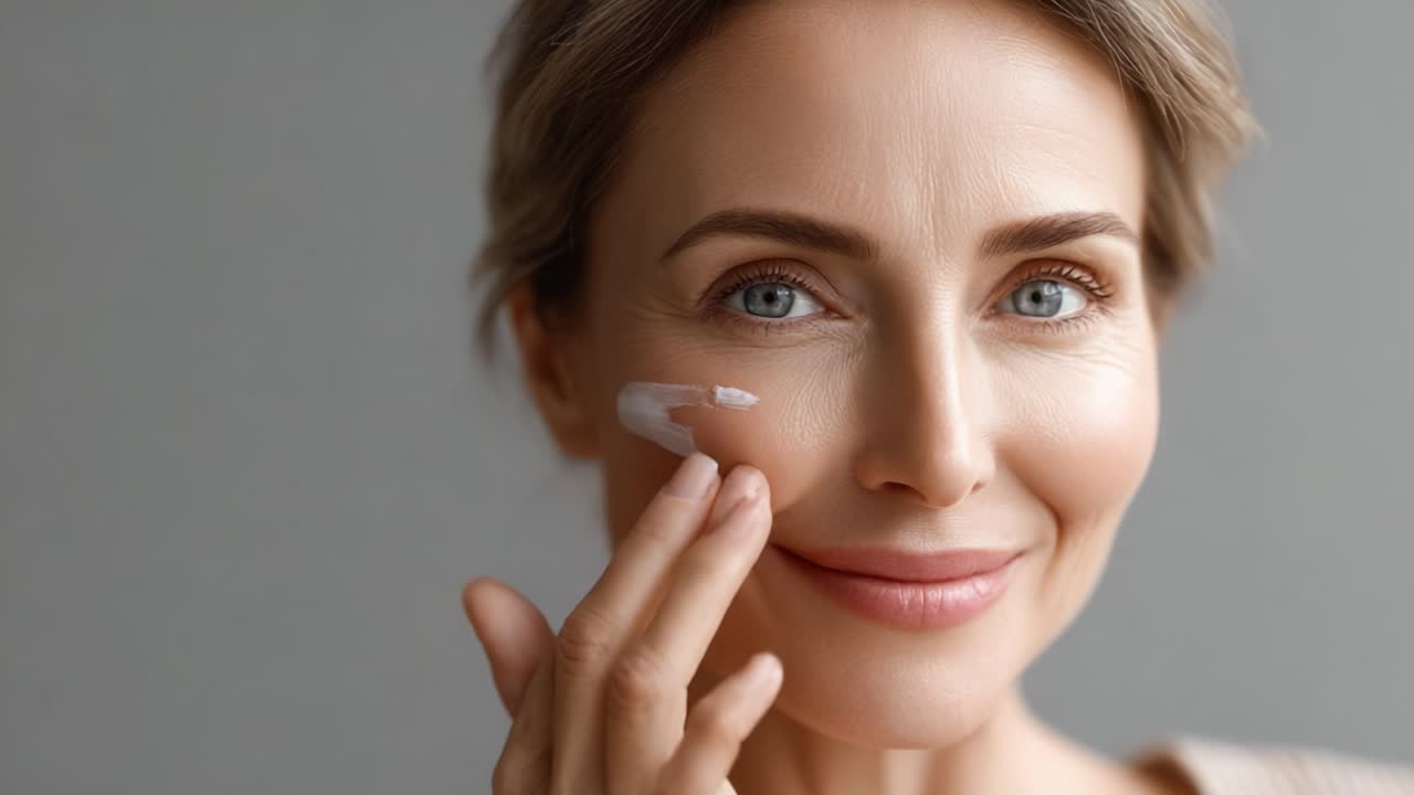 Işıltılı Güzellik: Öz Bakımı ve Nemlendirmeyi Vurgulayan, Işıltılı Bir Cilt İçin Cilt Bakım Kremi Süren Kendine Güvenen Bir Kadın