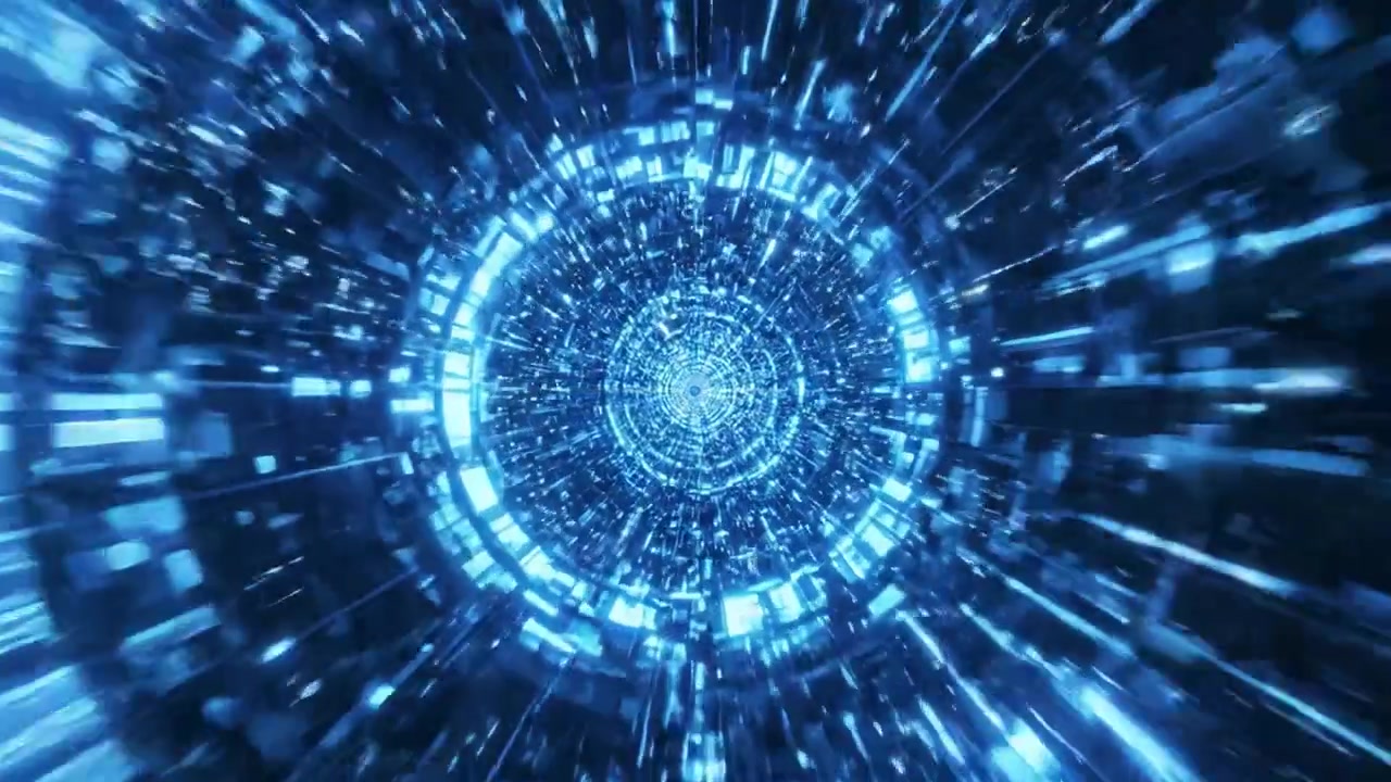 A Dynamic and Mesmerizing Visualization of Light Particles Radiating Through a Swirling Blue Tunnel of Energy and Information in an Abstract Space Journey