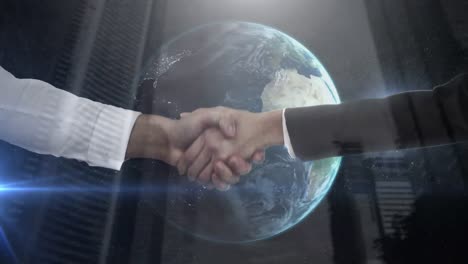 Animation-of-businessman-and-businesswoman-shaking-hands-over-cityscape-and-globe