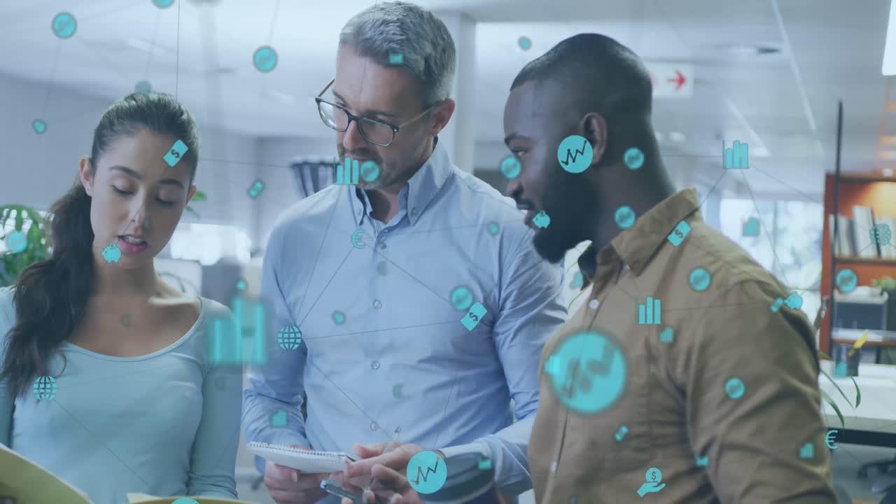 Animation of network of connections over diverse business people working in office