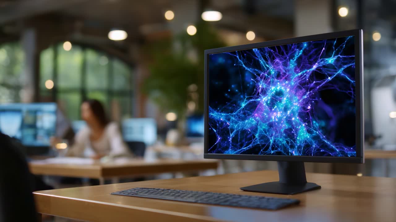 A Dynamic Visual Display of Neural Networks with Vibrant Colors on a Modern Computer Monitor in a Professional Workspace Setting