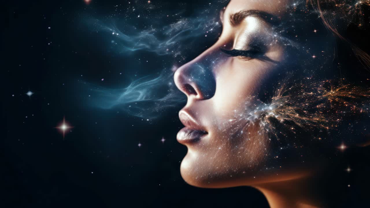 A surreal side profile of a woman blending with a cosmic scene. Captured at eye level, this video