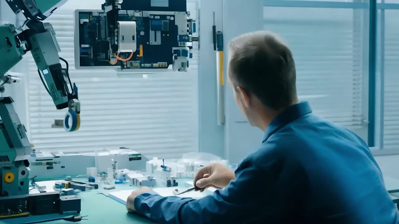 산업용 로 팔과 엔지니어가 함께 일합니다.