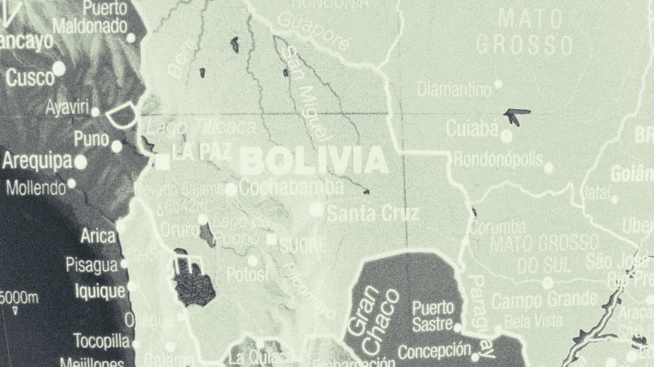 Close-up of a map showing Bolivia and surrounding South American countries