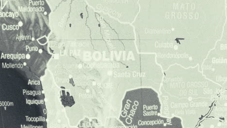 close-up of a map showing bolivia and surrounding south american countries