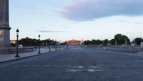 place de la concorde empty street during early morning with nobody in paris, wide truck shot