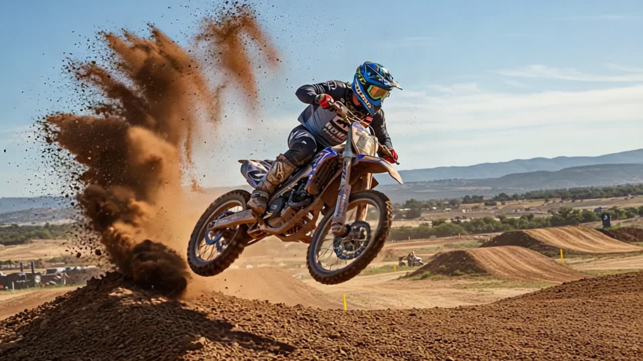 Ação dinâmica de motocross: um piloto decola de uma rampa de terra, levantando poeira e demonstrando habilidade e agilidade no terreno vibrante ao ar livre