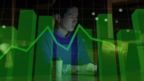 animación de procesamiento de datos estadísticos contra un hombre asiático que usa una computadora portátil mientras trabaja hasta tarde en la oficina