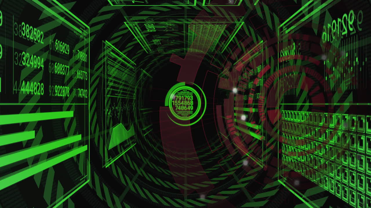 In school animation, digital tunnel swirling with green data and numbers