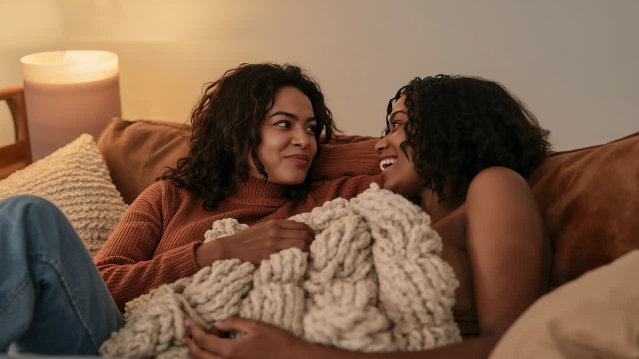 Donna sorridente con top color ruggine e partner scintillante in canottiera appoggiati al divano, che condividono una coperta spessa