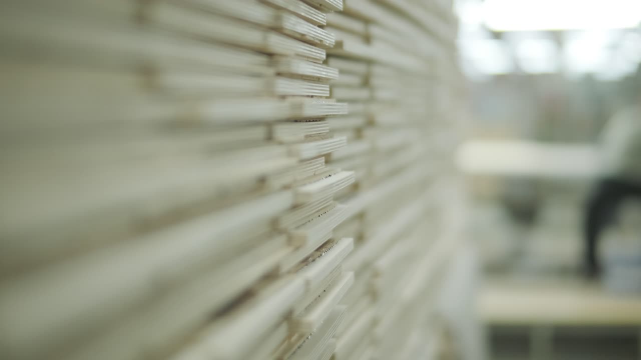 Detailní záběr naskládaných dřevěných prken v dílně