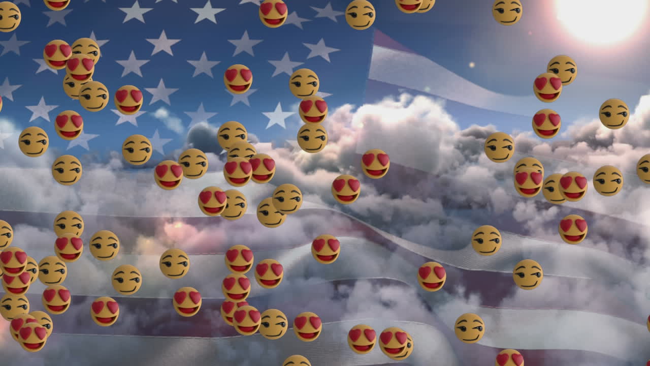 Animation of emojis flying over american flag