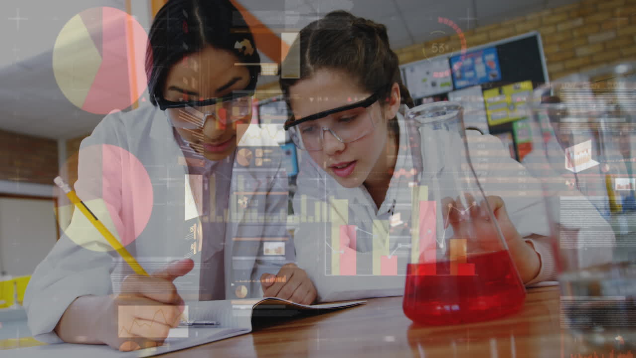 datos gráficos sobre mujeres jóvenes haciendo experimentos.