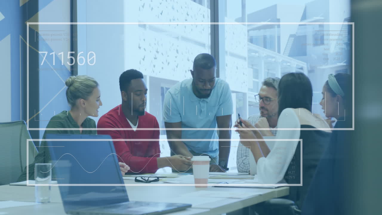 Animation of financial data processing over diverse business people
