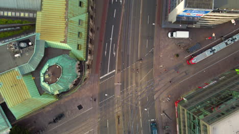 tram at the intersection with a view of the skyscrapers in bremen, germany