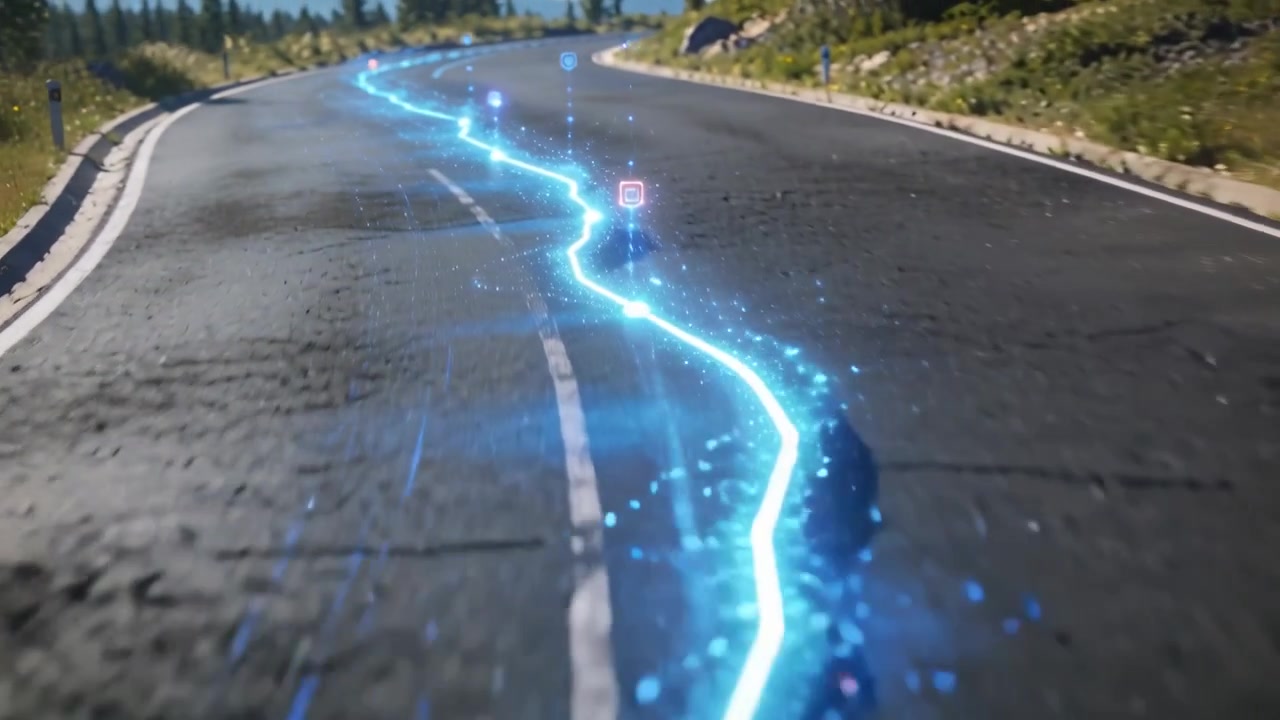 Activación de ruta holográfica azul, trazando una carretera de montaña que guía el camino mientras la cámara avanza.