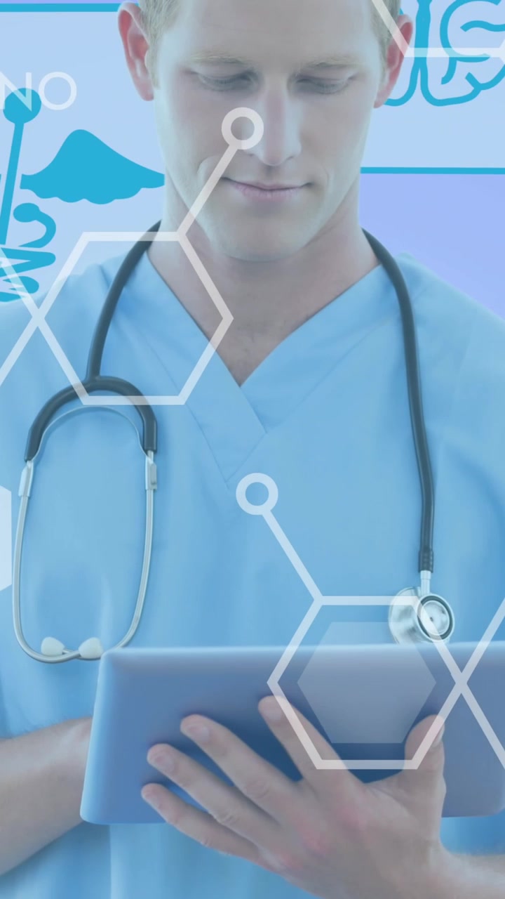 Animazione di icone mediche e strutture chimiche su medico uomo caucasico che usa un tablet
