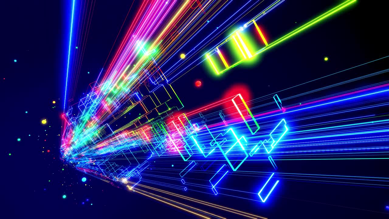 모션 그래픽, 데이터 흐름, 데이터의 하이테크 스트림, 모션 디자인, vj 루프, 네이온 조명, 다채로운 빛으로 네트워크 블록의 와이어 프레임, 추상적인 홀로그램, 미세 회로 개념, 하이테크로