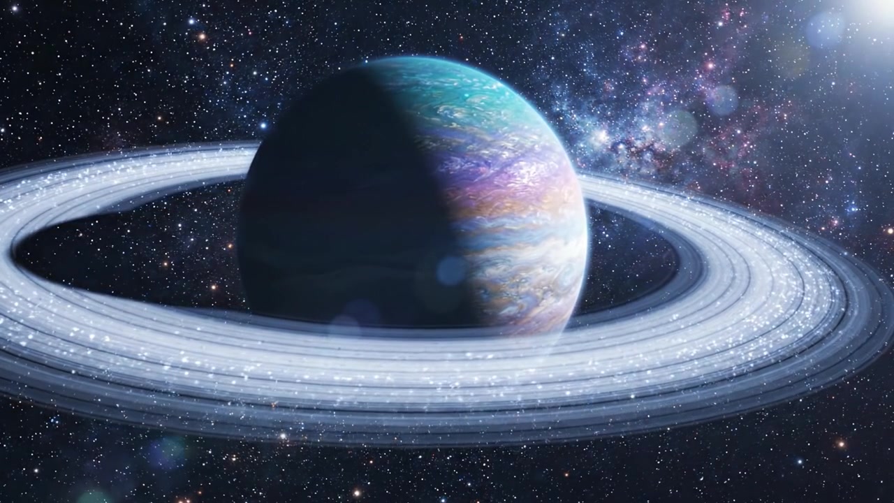 A Stunning View of a Ringed Planet Surrounded by a Vibrant Cosmic Landscape Filled with Stars and Nebulae in Deep Space