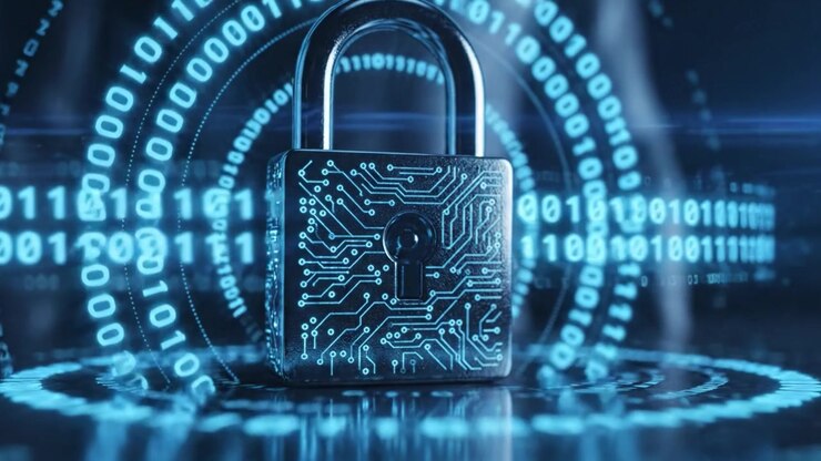 A High-Tech Digital Lock Representing Online Security, Data Protection, and Encryption in the Modern Cyber World with Complex Circuit Patterns and Binary Codes.