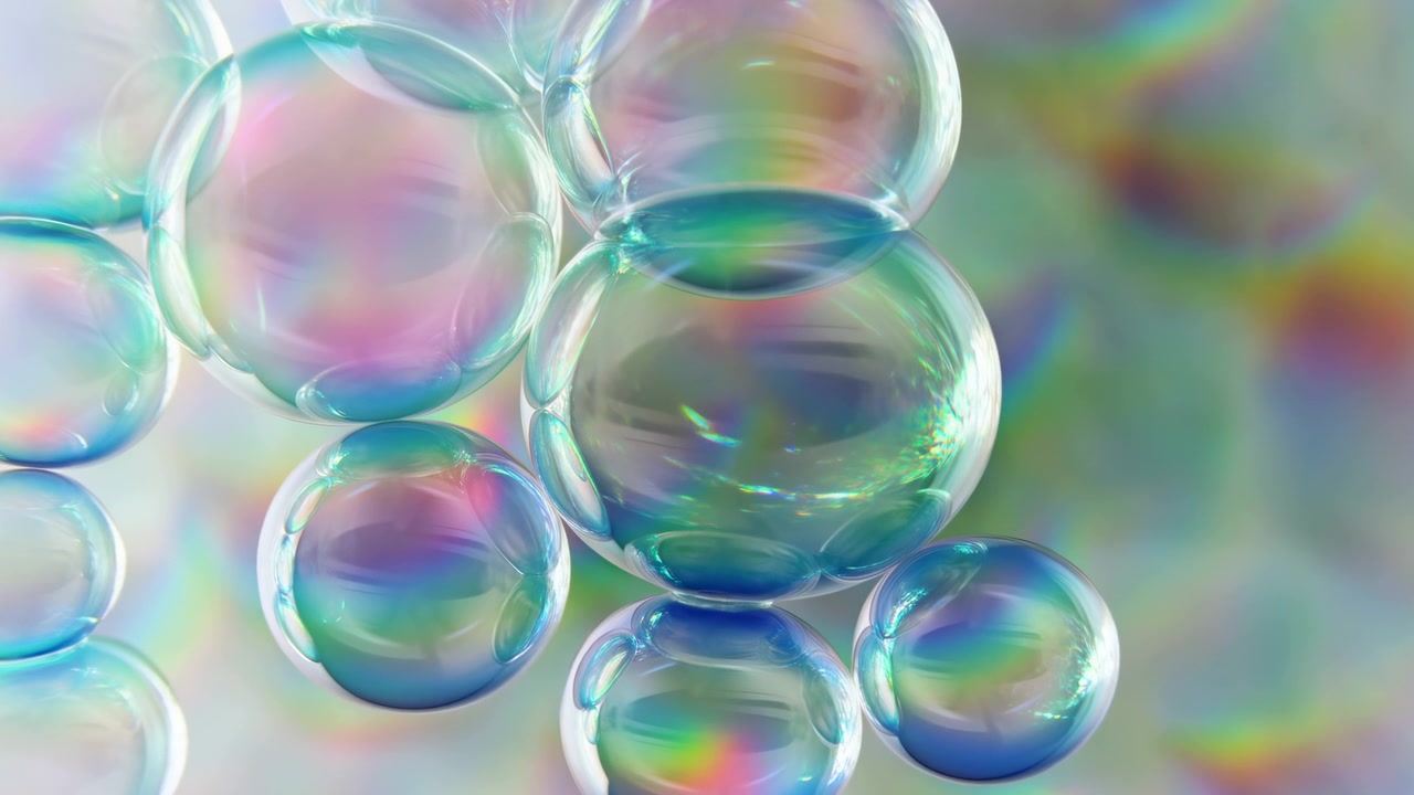 Transparent soap bubbles cluster across the frame with rainbow reflections, soft glow, and diffused light over a dreamy pastel abstract background
