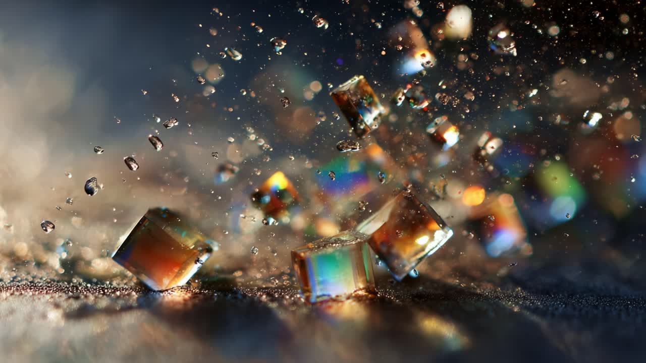 Captivating Visuals of Colorful Crystals Surrounded by Water Droplets: An Artistic Display of Light, Reflection, and Movement Showcasing Nature's Intricate Beauty