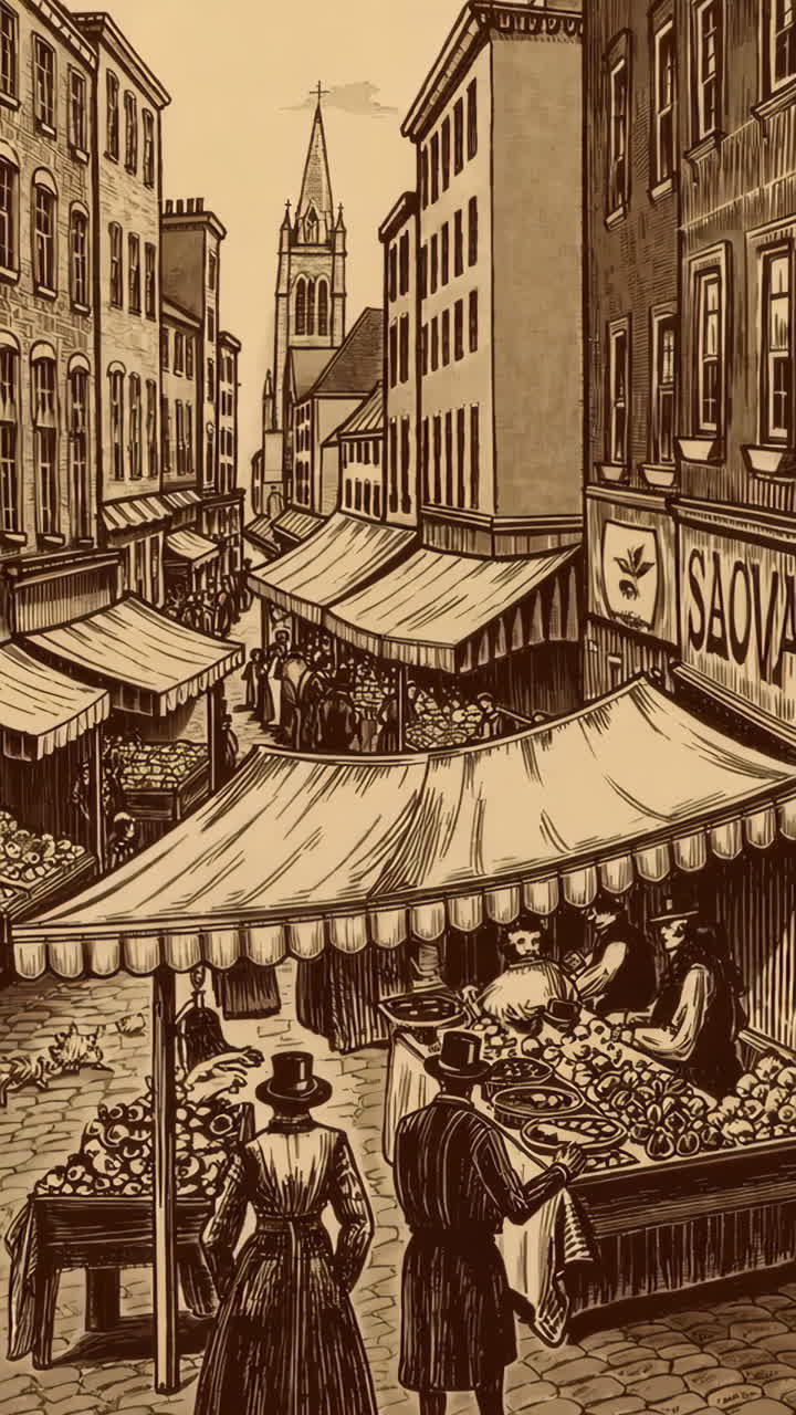 Vintage Illustrations of Historic European Street Scenes and Bustling Markets