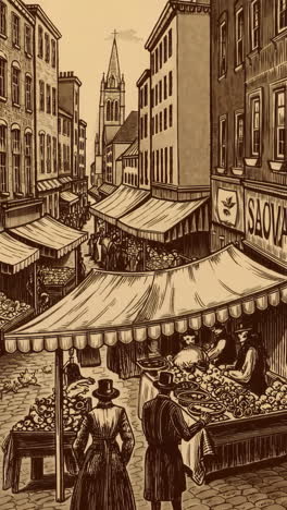 vintage illustrations of historic european street scenes and bustling markets