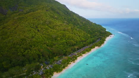 Aerial-drone-view-of-travel-destination-exotic-beach-resort-in-the-Seychelles-Islands