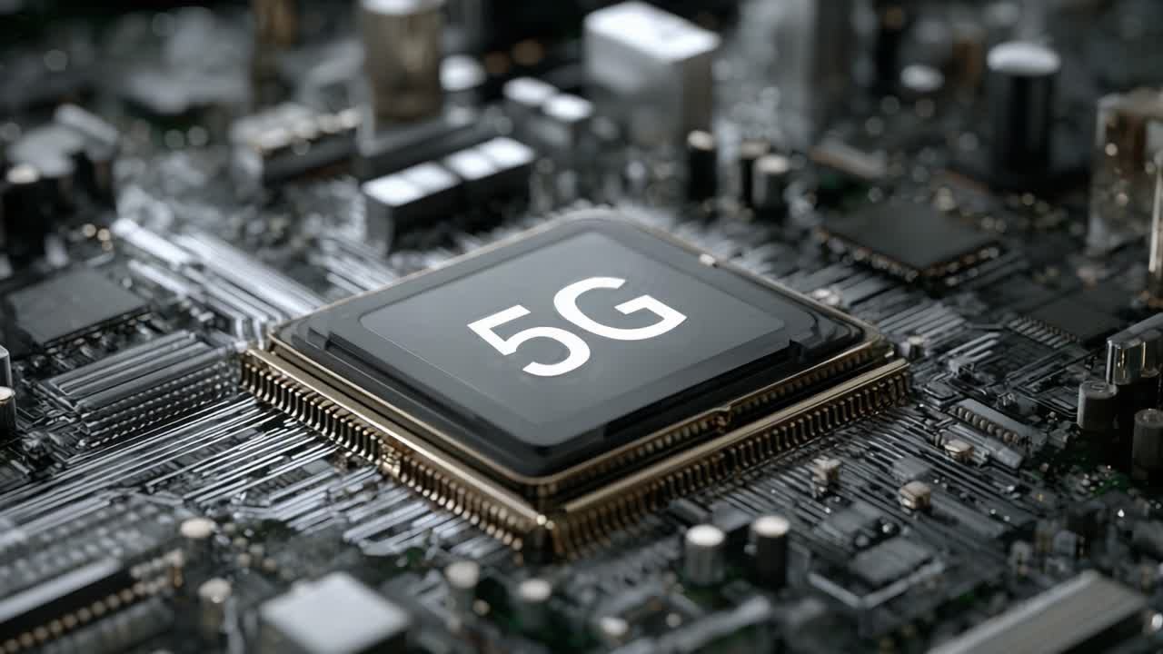 Esplorando la tecnologia avanzata del 5G: una visione ravvicinata di un chipset 5G su un circuito stampato complesso, che mette in evidenza le innovazioni nella connettività e nella comunicazione