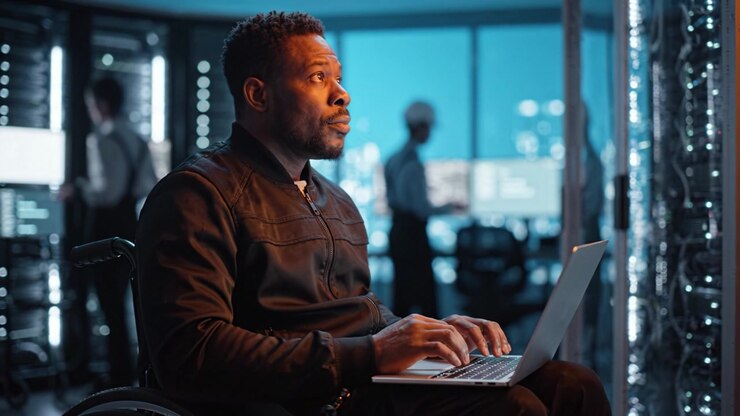 Focused individual in a wheelchair working on a laptop amid a high-tech environment, showcasing determination and modern technology in the background.