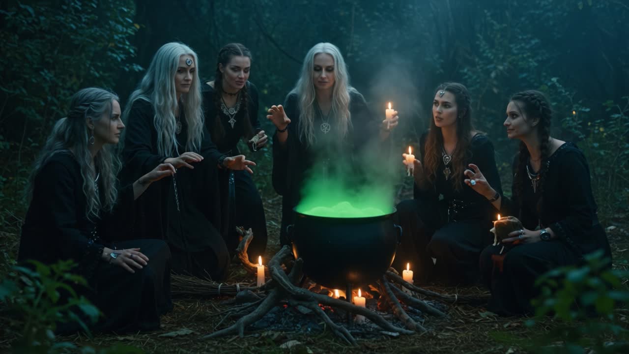 A Gathering of Mystical Witches in an Enchanted Forest, Performing a Spell with a Bubbling Green Cauldron Surrounded by Flickering Candles and a Magical Atmosphere
