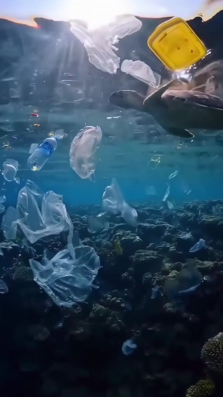 Tartaruga marina che nuota tra l'inquinamento plastico dell'oceano