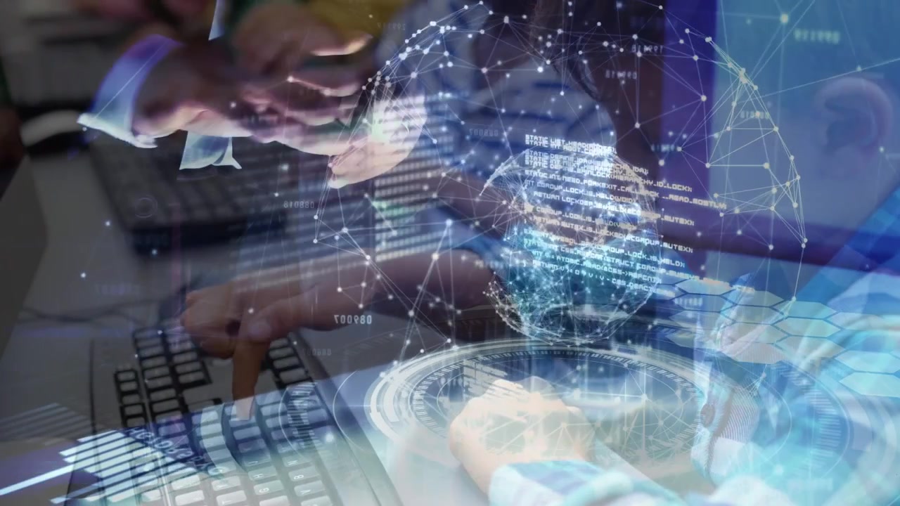 Animation of network of connections over woman using laptop