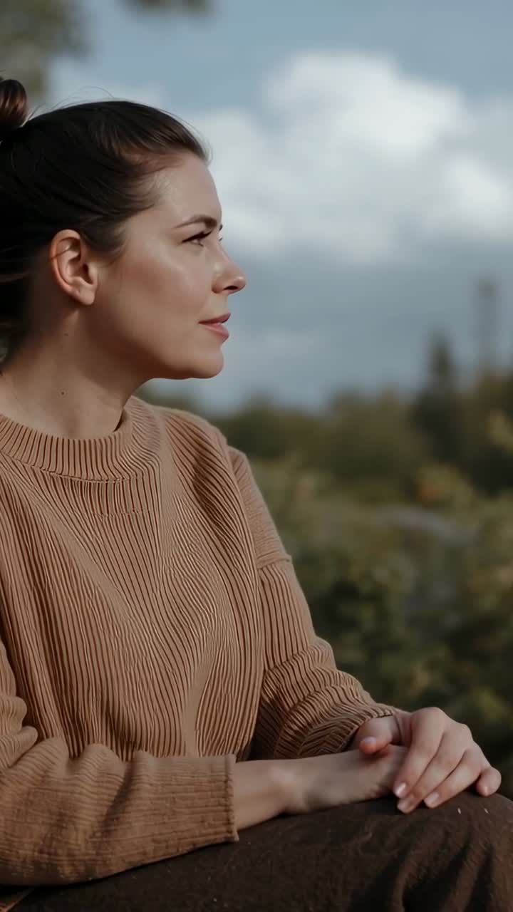 Video verticale: Donna sorridente che gira la testa, con maglione color cammello su una panchina del parco, che guarda il cielo nuvoloso