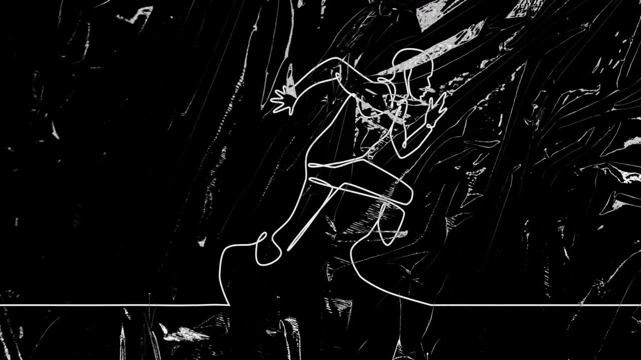 White line art animation of person running over abstract black background