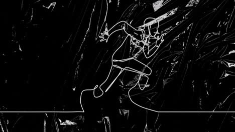 white line art animation of person running over abstract black background