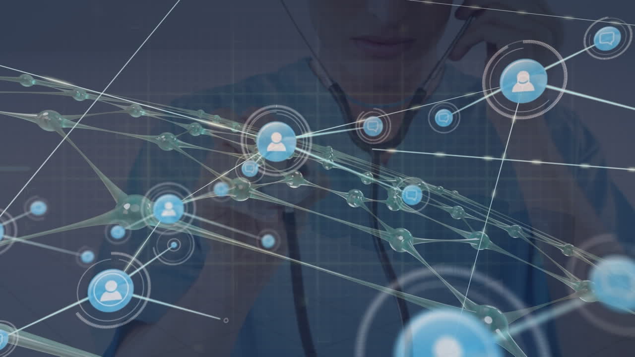 animación de una red de conexiones con iconos sobre una doctora caucásica con un estetoscopio