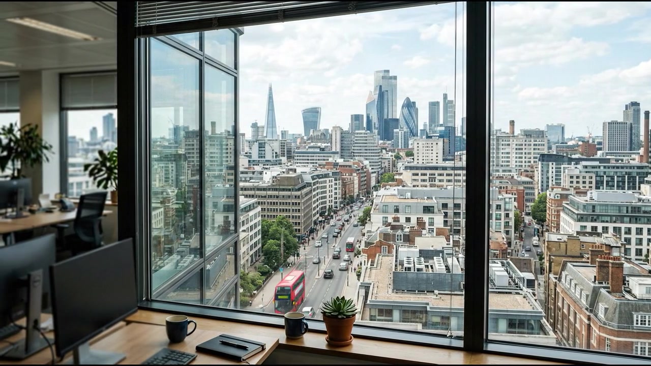 Modern city view through glass window of high rise office building