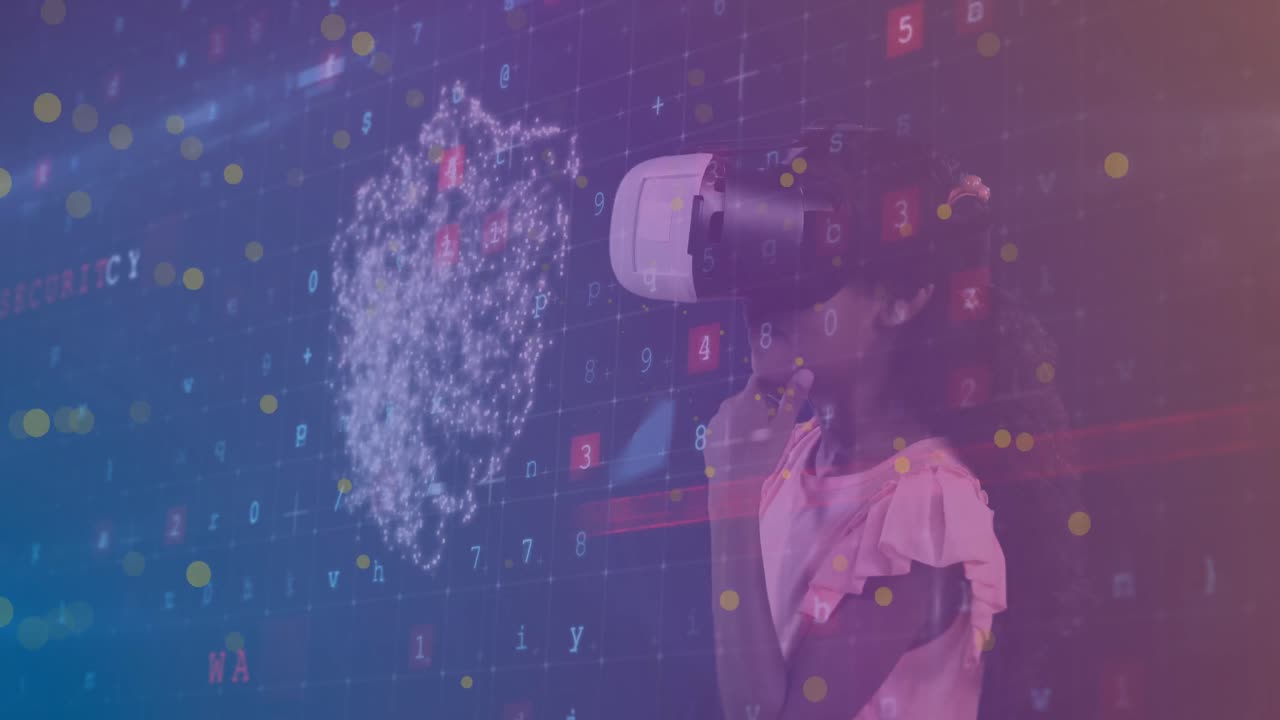 animación del procesamiento de datos con candado sobre una colegiala biracial con auriculares vr