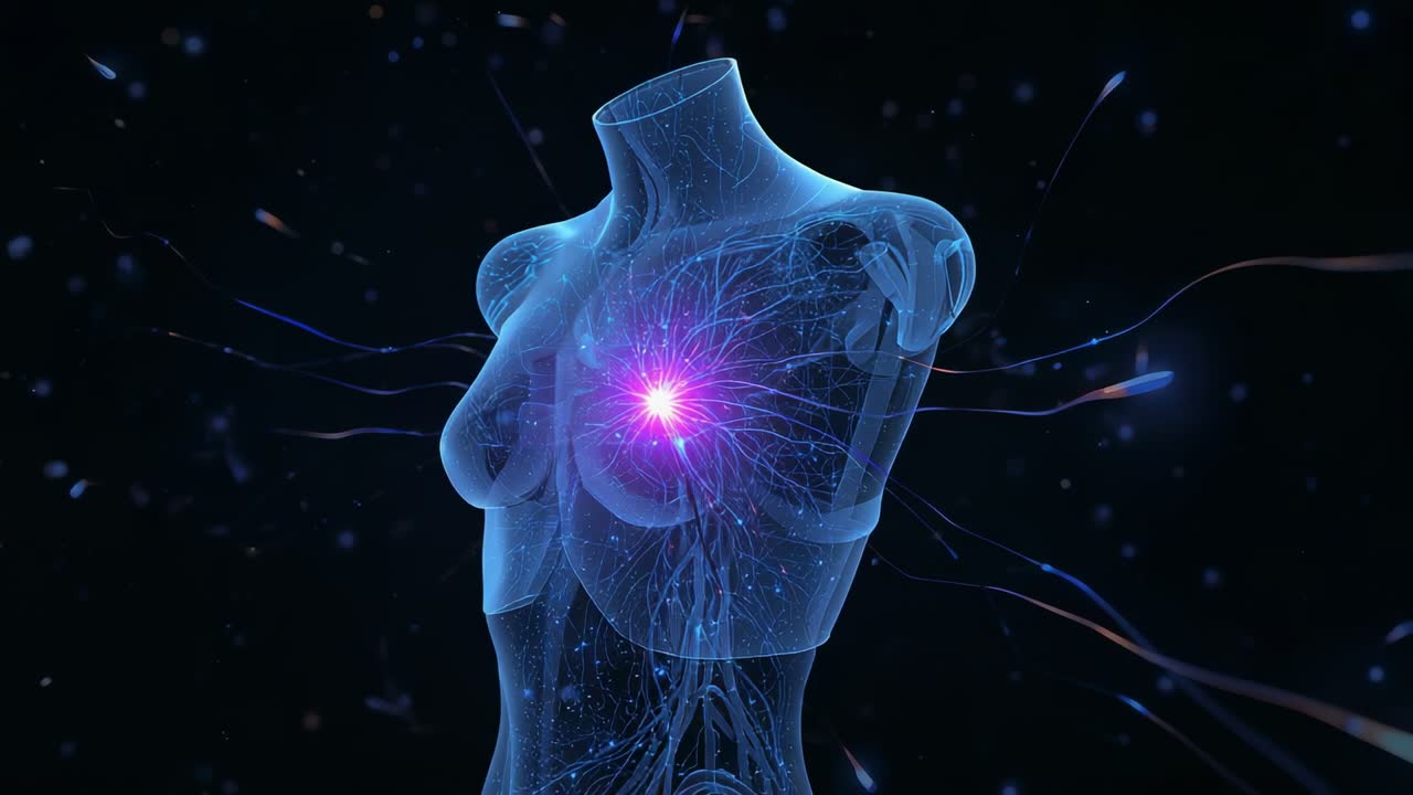 Torso femminile trasparente pulsante che mostra un bagliore interno che sale in pulsazioni magenta nel vuoto, illuminando un filamento