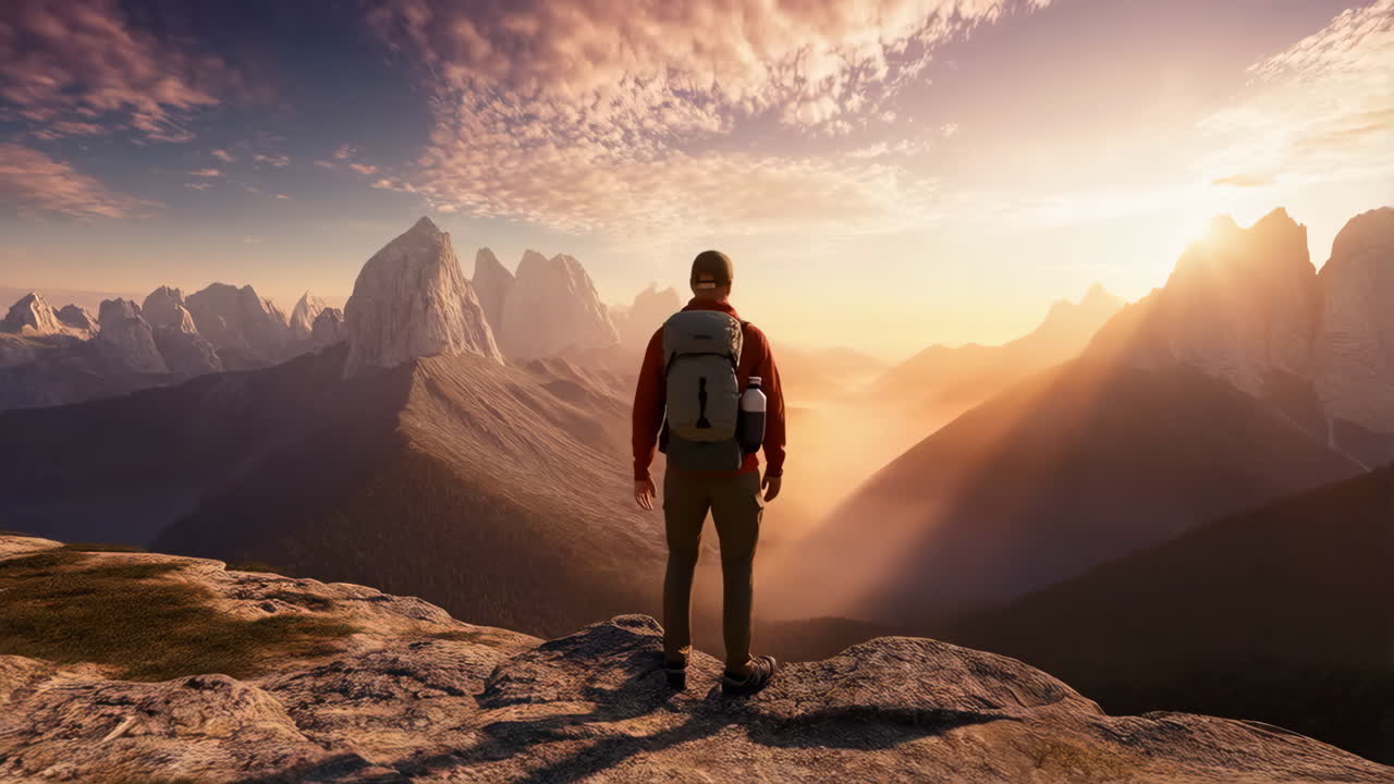 Hiker overlooking a majestic mountain landscape at sunrise