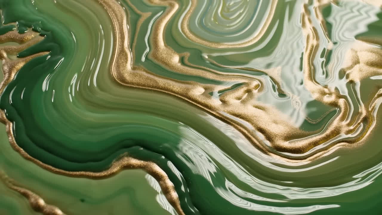 Liquide métallique abstrait vert et doré s'écoulant