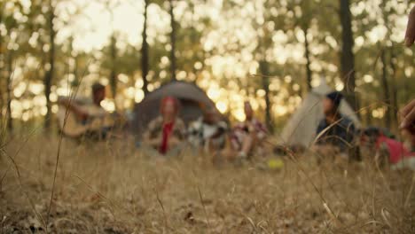 a happy brunette man in a light green jacket sets up a video camera and then goes to the rest of the group of hikers and poses with them taking a delayed photo. happy group photo of hiking participants in hiking clothes against the backdrop of tents along with a guitar and a light green sunny summer